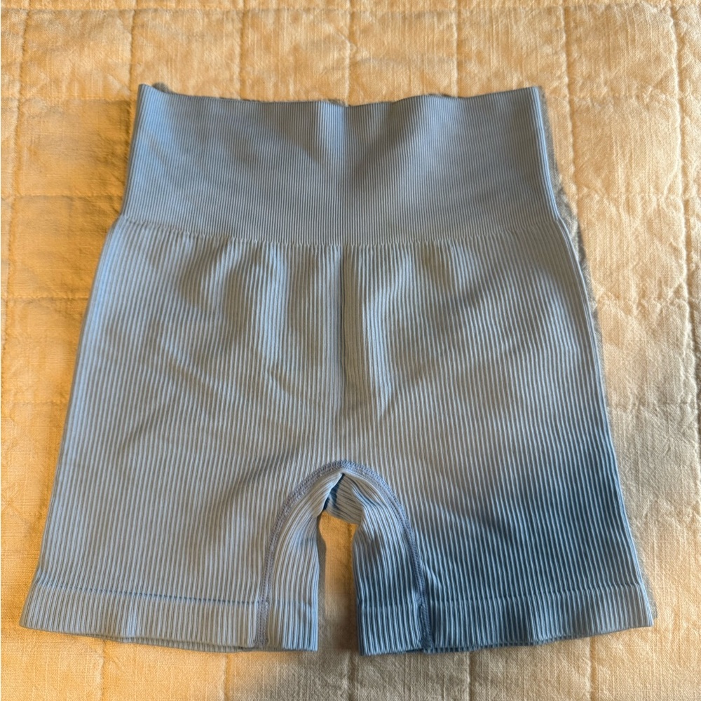 Women's Blue Ribbed High-Waist Shorts Workout